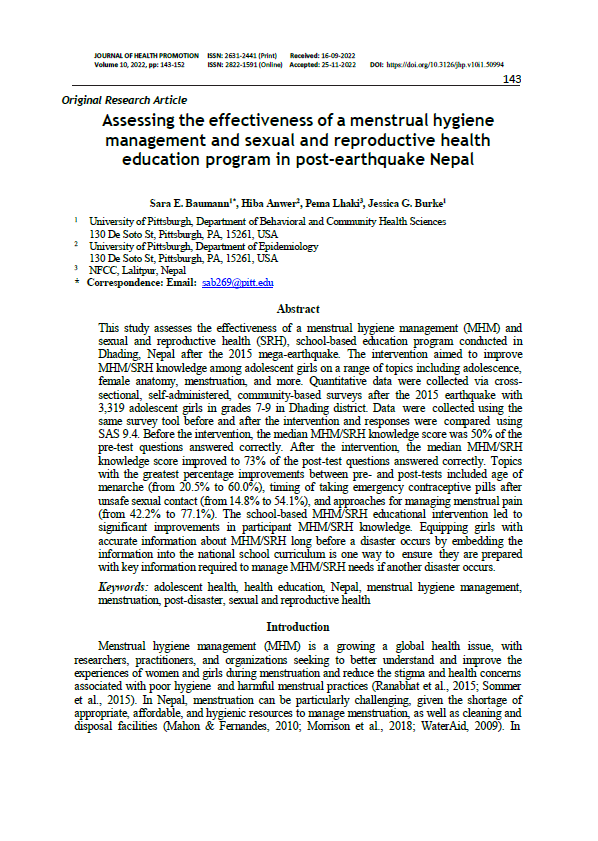 Assessing the effectiveness of a menstrual hygiene management and sexual and reproductive health education program in post-earthquake Nepal