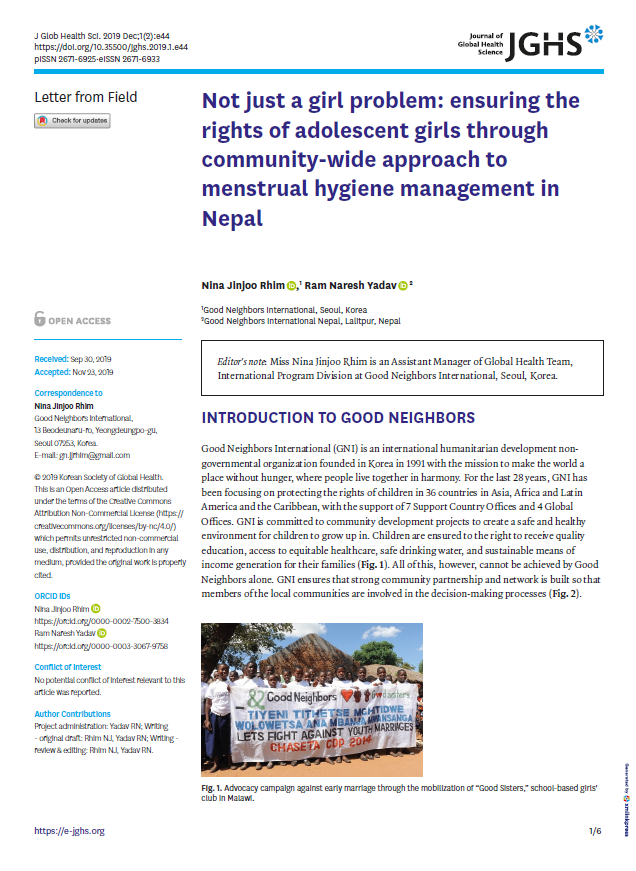 Not just a girl problem: ensuring the rights of adolescent girls through community-wide approach to menstrual hygiene management in Nepal