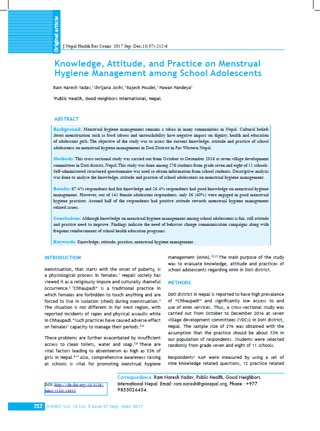 Knowledge, Attitude, and Practice on Menstrual Hygiene Management among School Adolescents