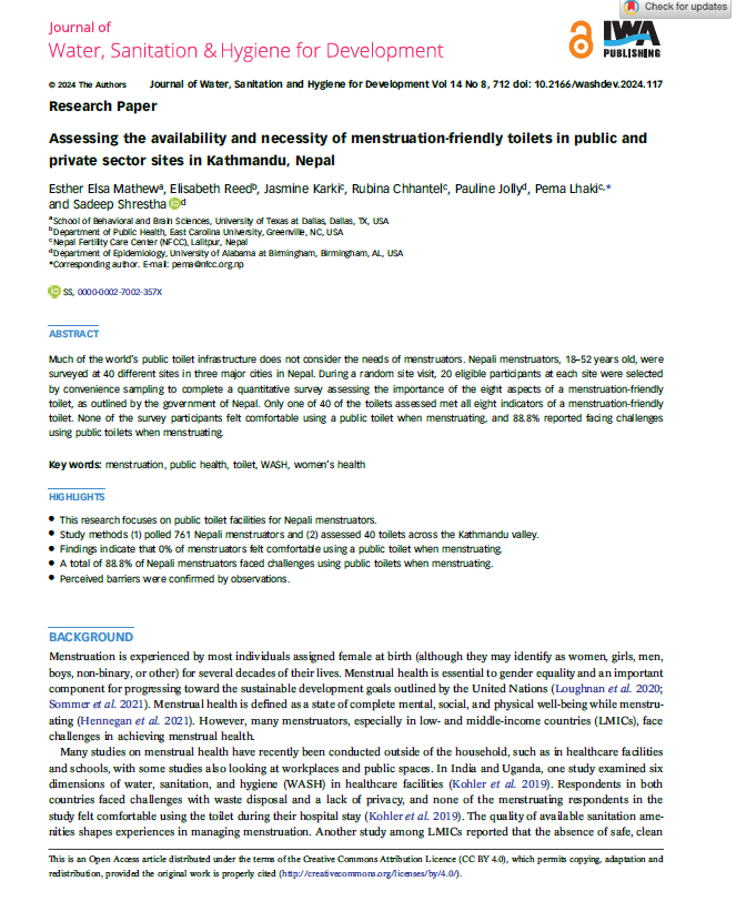 Assessing the availability and necessity of menstruation-friendly toilets in public andprivate sector sites in Kathmandu, Nepal